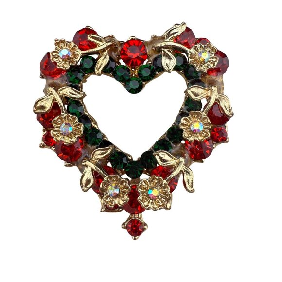 Gold-Tone Heart Shaped Crystal Brooch With Red & Green Rhinestones & Floral Acce - Picture 1 of 5